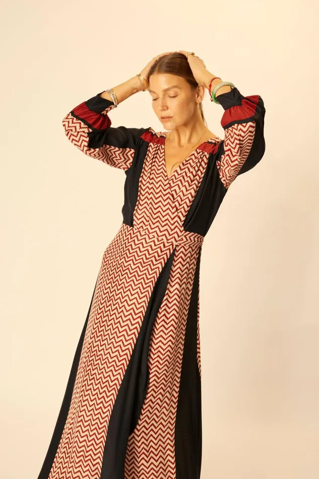 Kate Long Sleeve Maxi Block Zigzag Noire Women Natalie Martin Dresses