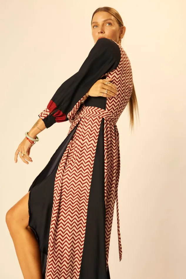 Kate Long Sleeve Maxi Block Zigzag Noire Women Natalie Martin Dresses