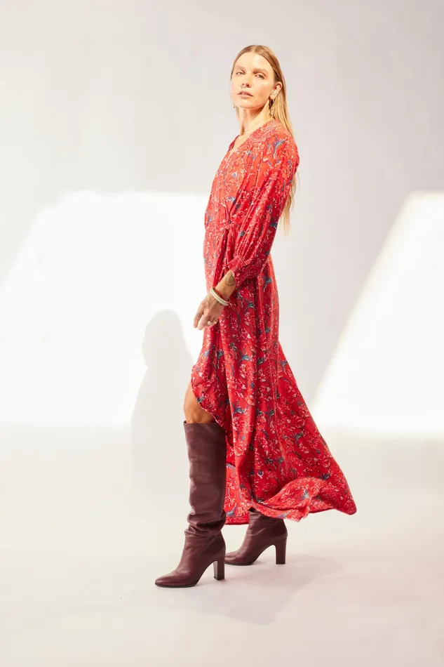 Kate Long Sleeve Maxi Silk Watercolor Vermillion Women Natalie Martin Dresses
