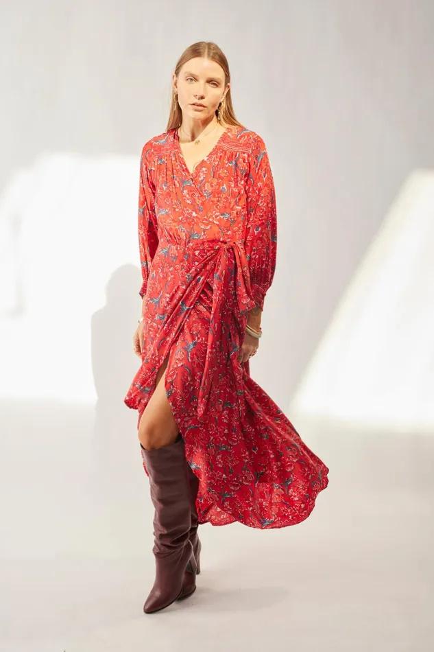 Kate Long Sleeve Maxi Silk Watercolor Vermillion Women Natalie Martin Dresses