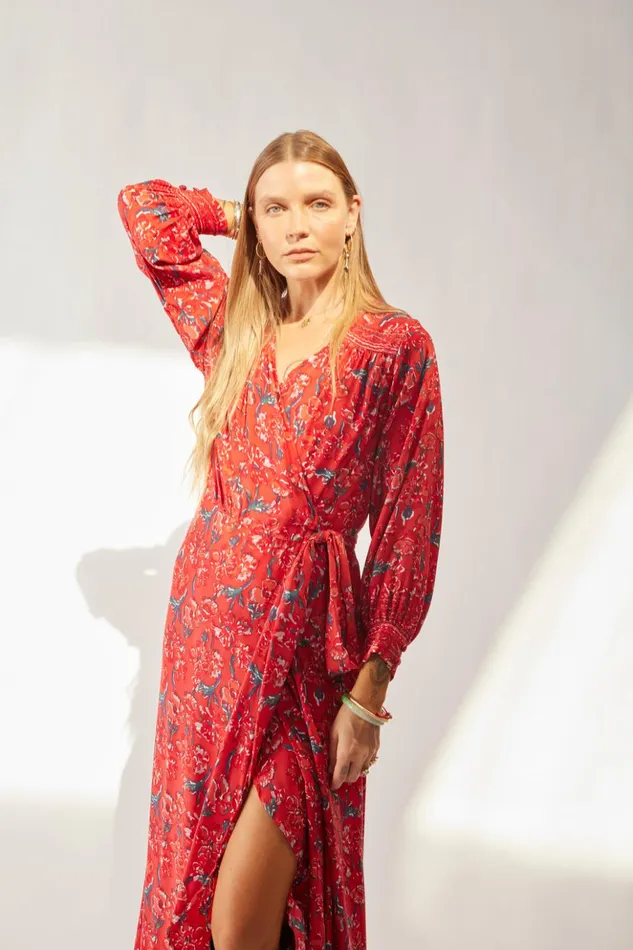 Kate Long Sleeve Maxi Silk Watercolor Vermillion Women Natalie Martin Dresses