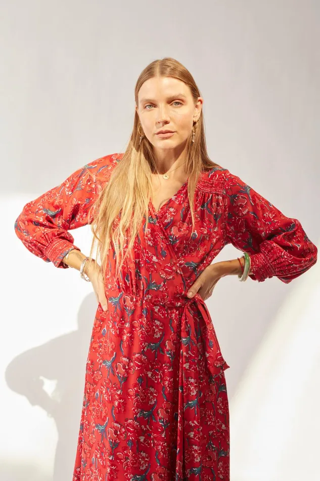 Kate Long Sleeve Maxi Silk Watercolor Vermillion Women Natalie Martin Dresses