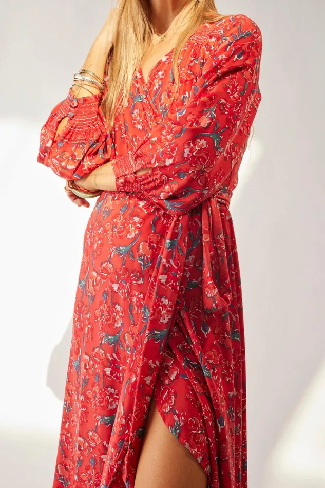Kate Long Sleeve Maxi Silk Watercolor Vermillion Women Natalie Martin Dresses