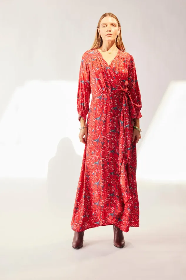 Kate Long Sleeve Maxi Silk Watercolor Vermillion Women Natalie Martin Dresses