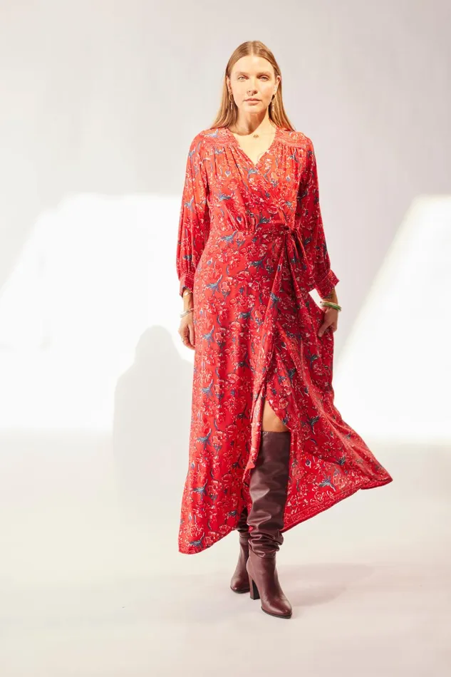 Kate Long Sleeve Maxi Silk Watercolor Vermillion Women Natalie Martin Dresses
