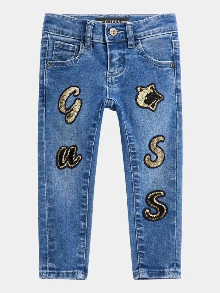 Kids All Over Patch Skinny Denim Pant Blue Guess Trousers And Skirts