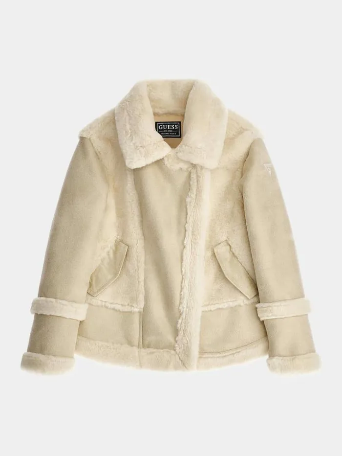 Kids Mixed Faux Fur And Suede Jacket Cream Guess Coats And Jackets