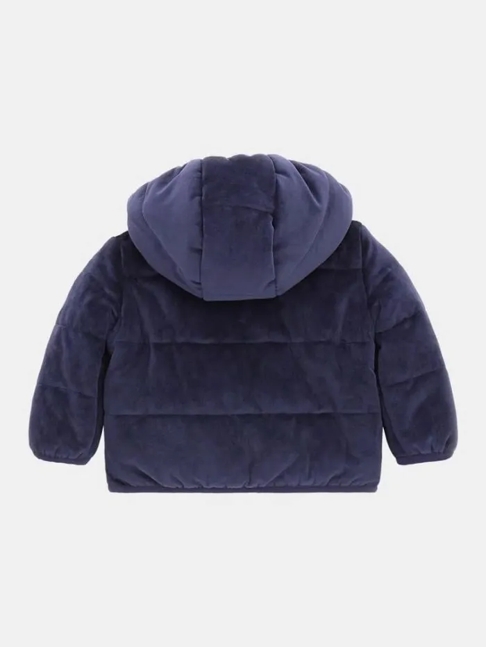 Kids Removable Hood Velvet Puffer Blue Guess Tops