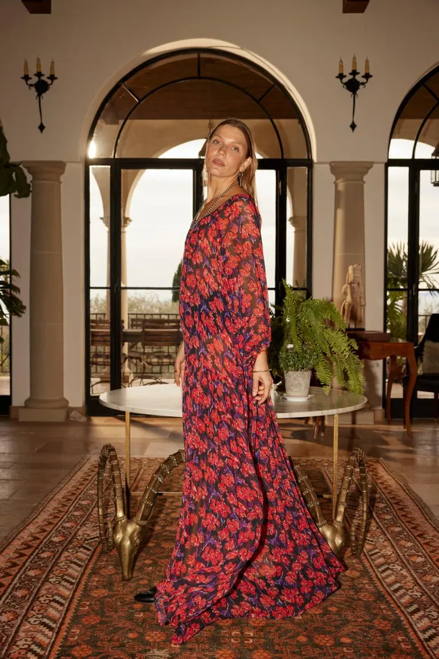 Lainey Dress With Sash Chiffon Watercolor Print Onyx Women Natalie Martin Dresses