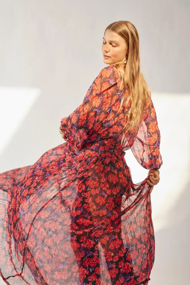 Lainey Dress With Sash Chiffon Watercolor Print Onyx Women Natalie Martin Dresses