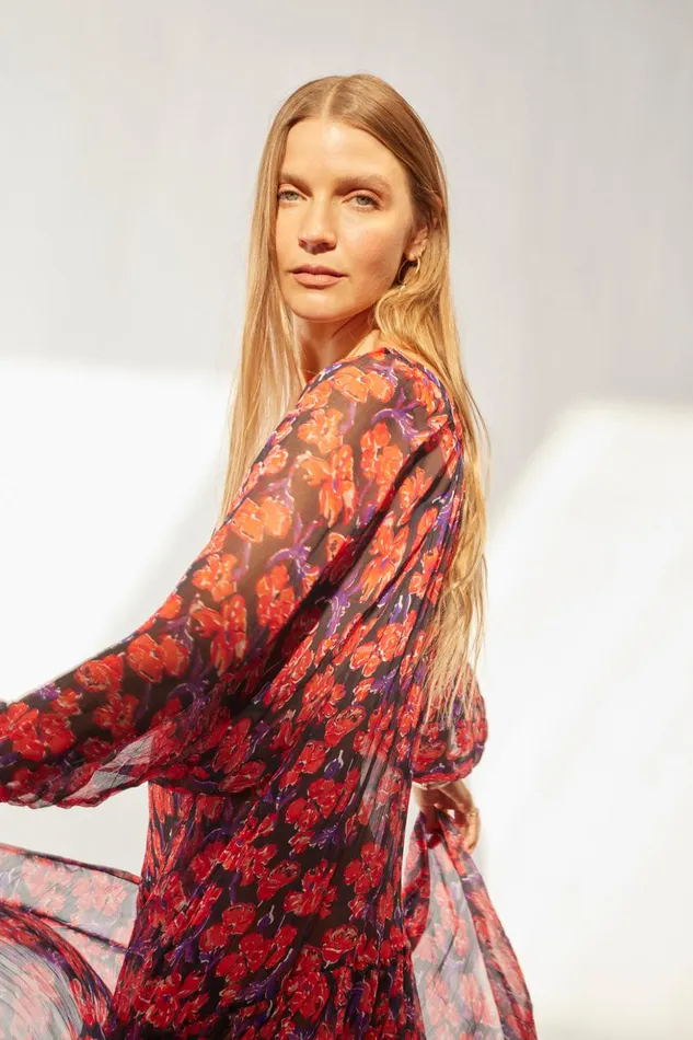 Lainey Dress With Sash Chiffon Watercolor Print Onyx Women Natalie Martin Dresses
