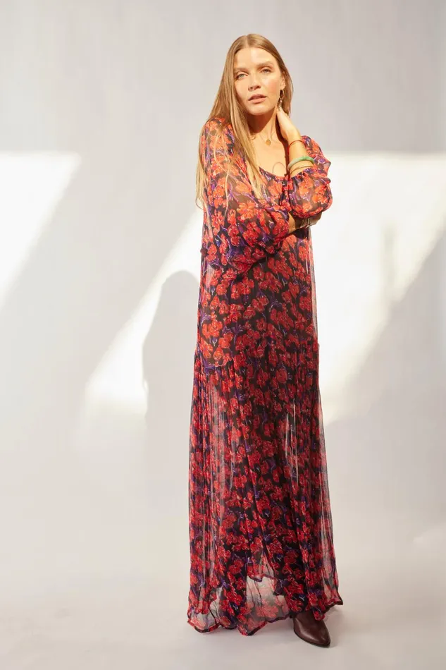 Lainey Dress With Sash Chiffon Watercolor Print Onyx Women Natalie Martin Dresses