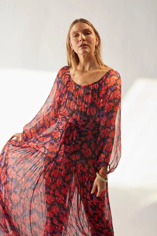 Lainey Dress With Sash Chiffon Watercolor Print Onyx Women Natalie Martin Dresses