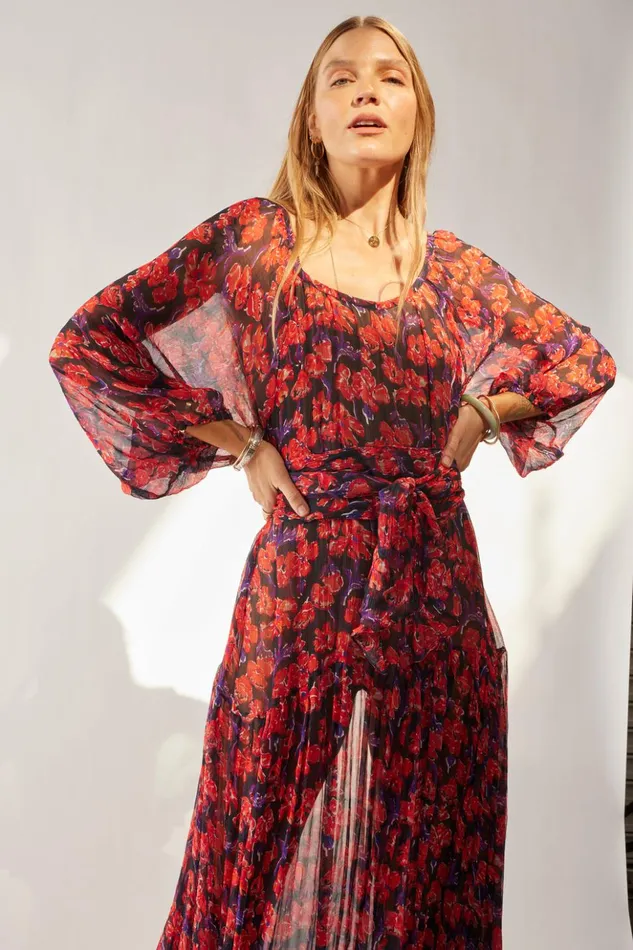 Lainey Dress With Sash Chiffon Watercolor Print Onyx Women Natalie Martin Dresses
