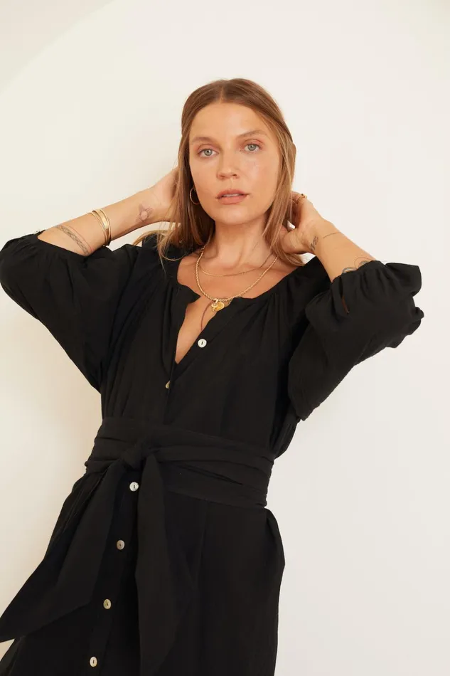 Long Sash Belt Black Flat Cotton Women Natalie Martin