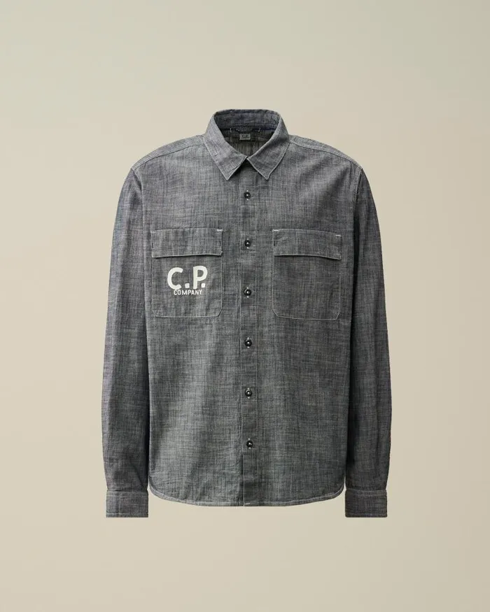 Man Chambray Long Sleeved Logo Shirt Denim 8211 Blue CP Company Shirt