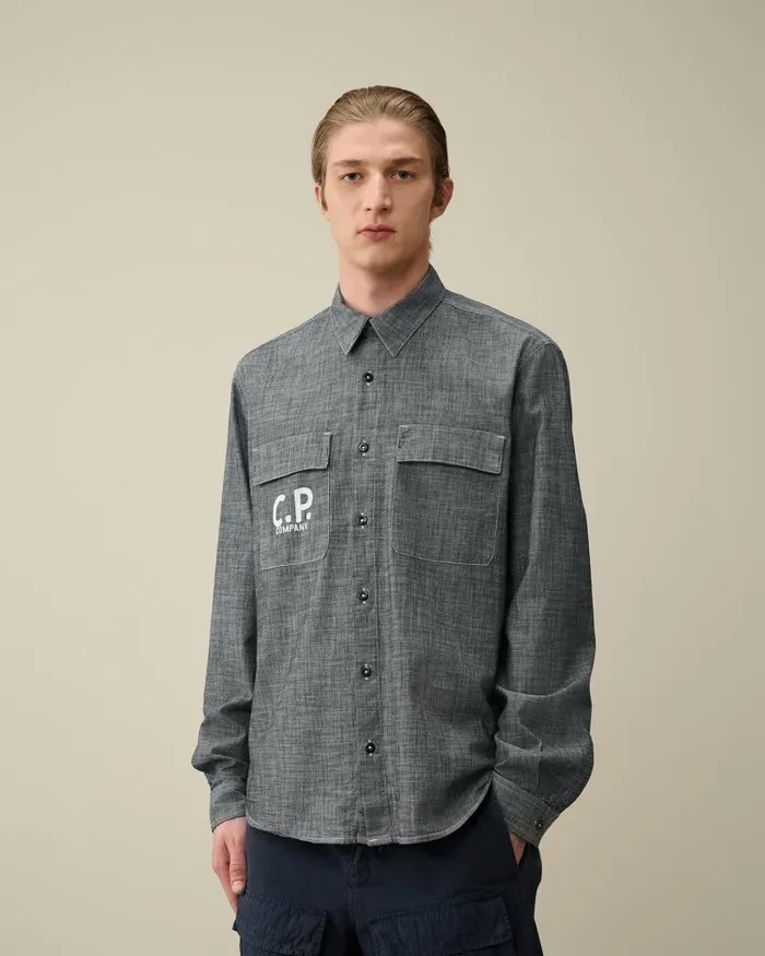 Man Chambray Long Sleeved Logo Shirt Denim 8211 Blue CP Company Shirt