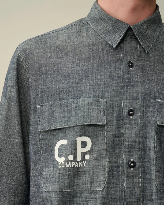 Man Chambray Long Sleeved Logo Shirt Denim 8211 Blue CP Company Shirt