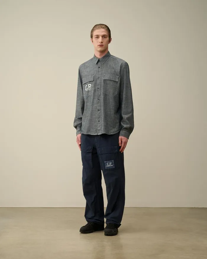 Man Chambray Long Sleeved Logo Shirt Denim 8211 Blue CP Company Shirt