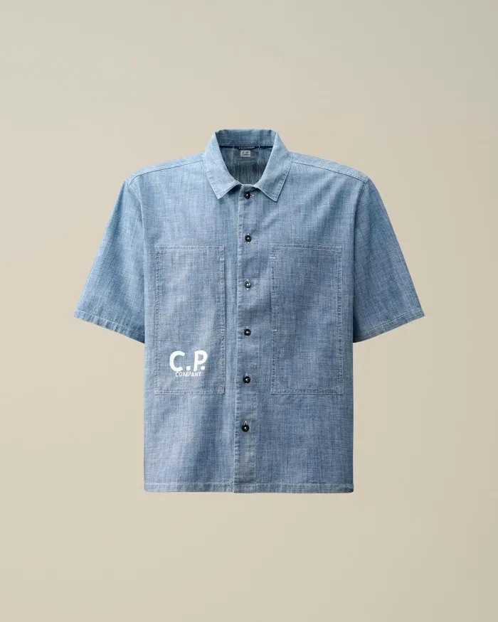 Man Chambray Short Sleeved Logo Shirt Stone Bleach 8211 Blue CP Company Shirt