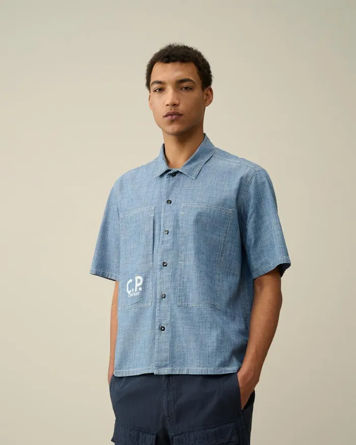 Man Chambray Short Sleeved Logo Shirt Stone Bleach 8211 Blue CP Company Shirt