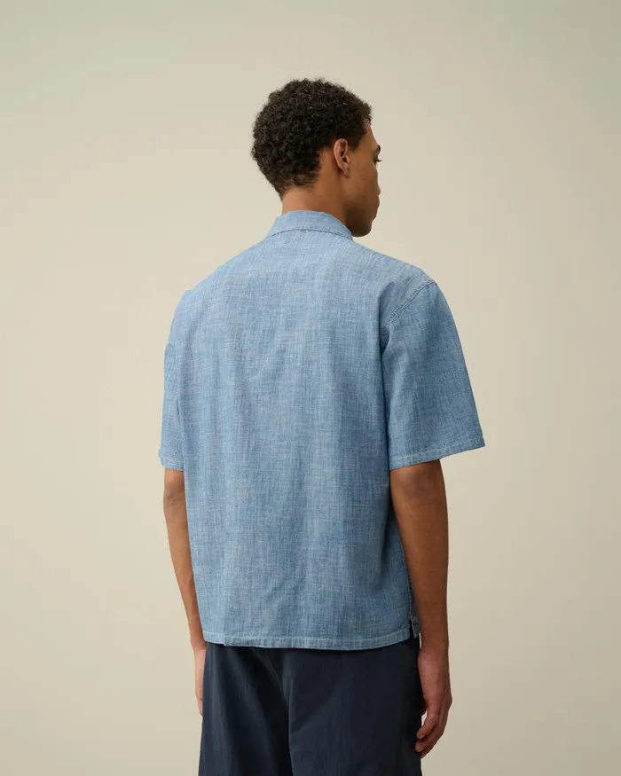 Man Chambray Short Sleeved Logo Shirt Stone Bleach 8211 Blue CP Company Shirt