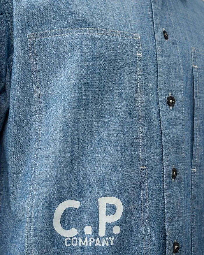 Man Chambray Short Sleeved Logo Shirt Stone Bleach 8211 Blue CP Company Shirt