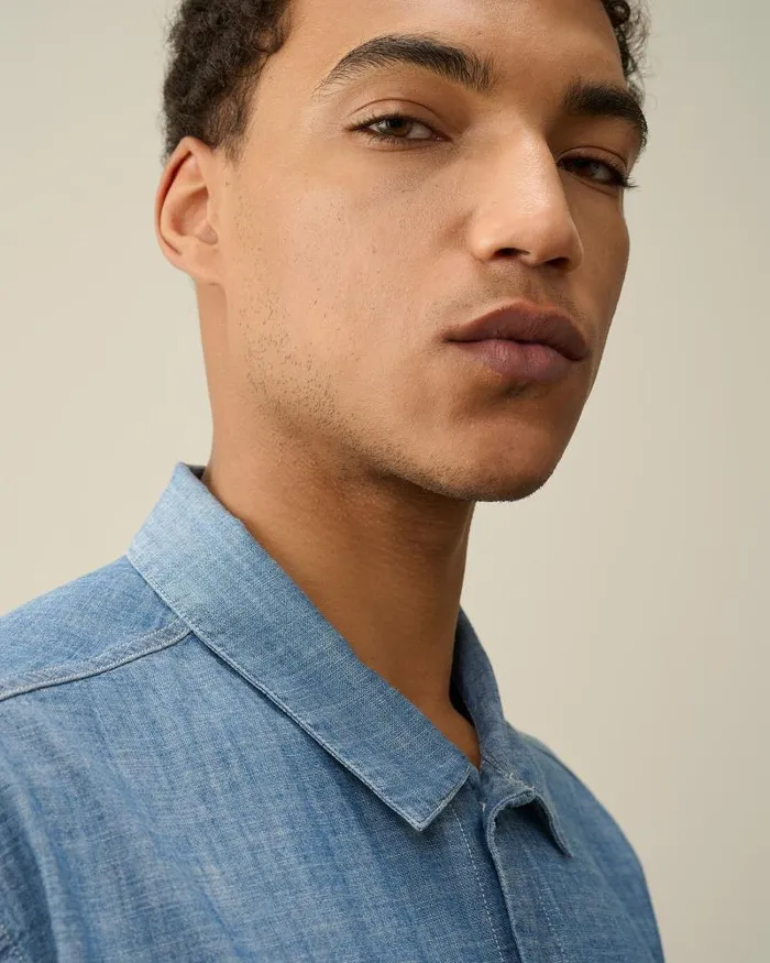 Man Chambray Short Sleeved Logo Shirt Stone Bleach 8211 Blue CP Company Shirt