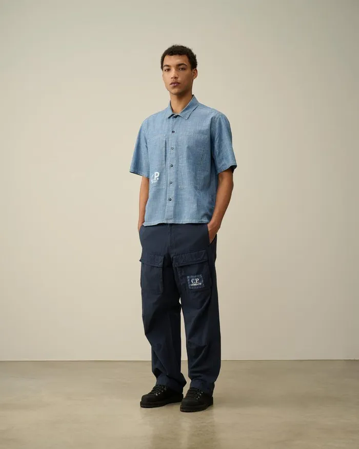 Man Chambray Short Sleeved Logo Shirt Stone Bleach 8211 Blue CP Company Shirt