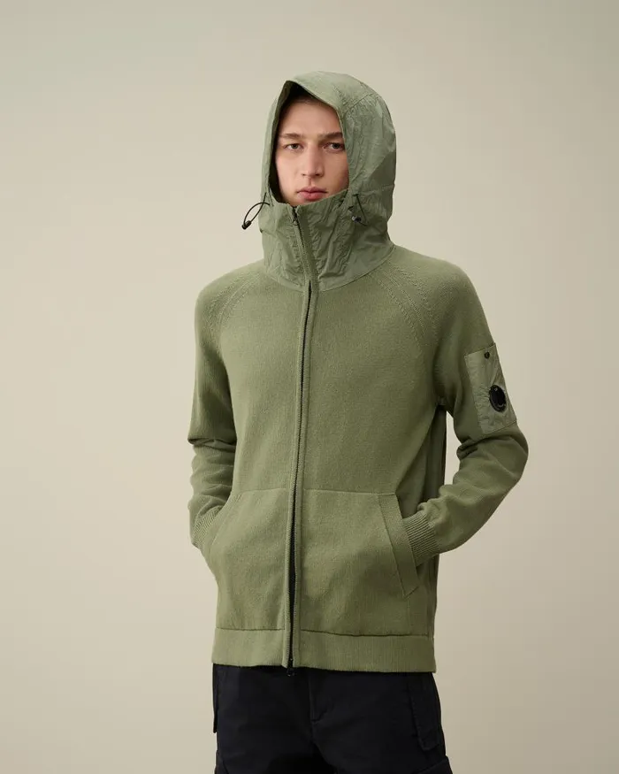 Man Cotton Mixed Hooded Knit Agave Green CP Company Jumpers
