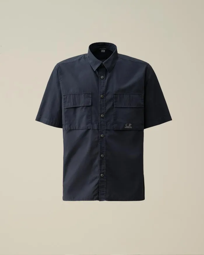 Man Cotton RipStop Short Sleeved Shirt Total Eclipse 8211 Blue CP Company Shirt