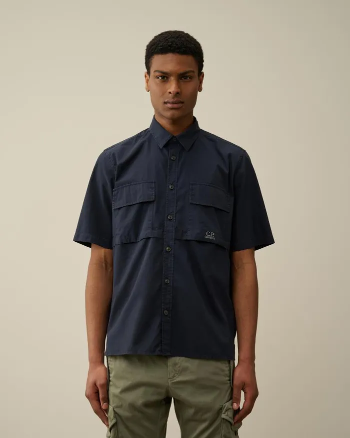 Man Cotton RipStop Short Sleeved Shirt Total Eclipse 8211 Blue CP Company Shirt