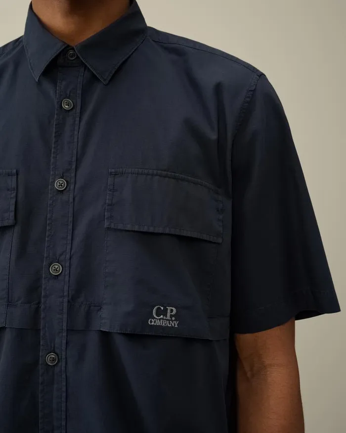 Man Cotton RipStop Short Sleeved Shirt Total Eclipse 8211 Blue CP Company Shirt