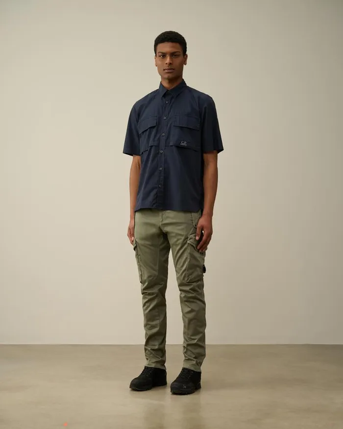 Man Cotton RipStop Short Sleeved Shirt Total Eclipse 8211 Blue CP Company Shirt