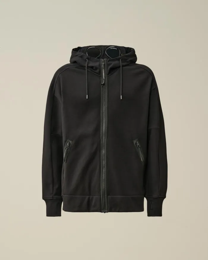 Man Diagonal Raised Fleece Goggle Zipped Hoodie Black CP Company Sweatshirts
