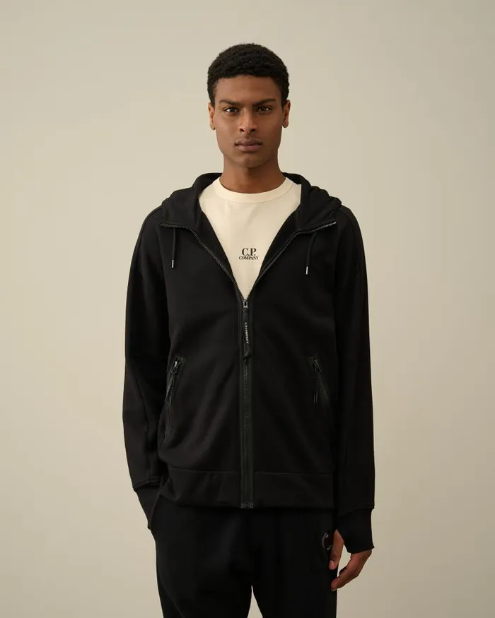 Man Diagonal Raised Fleece Goggle Zipped Hoodie Black CP Company Sweatshirts