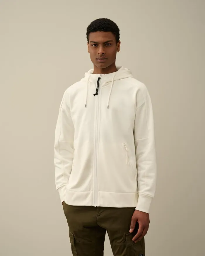 Man Diagonal Raised Fleece Goggle Zipped Hoodie Gauze White CP Company Sweatshirts