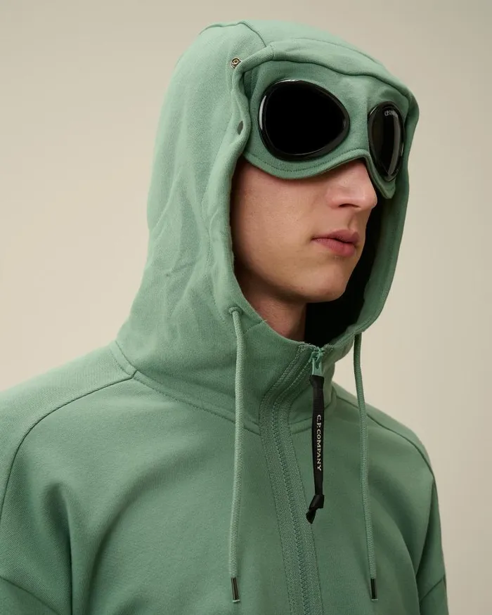 Man Diagonal Raised Fleece Goggle Zipped Hoodie Green Bay CP Company Sweatshirts