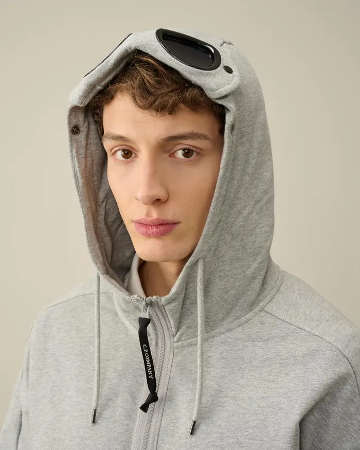 Man Diagonal Raised Fleece Goggle Zipped Hoodie Grey Melange CP Company Sweatshirts