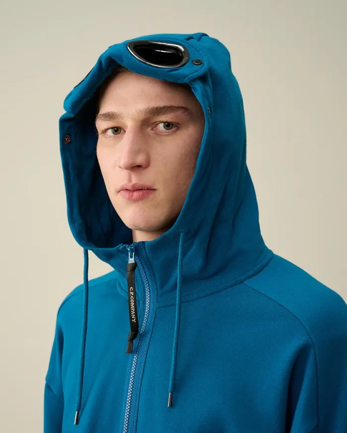 Man Diagonal Raised Fleece Goggle Zipped Hoodie Ink Blue CP Company Sweatshirts