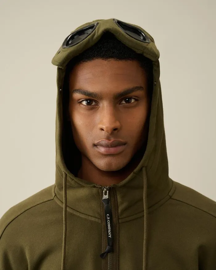 Man Diagonal Raised Fleece Goggle Zipped Hoodie Ivy Green CP Company Sweatshirts