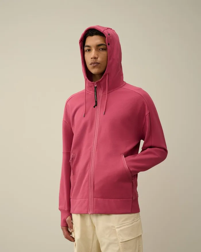 Man Diagonal Raised Fleece Goggle Zipped Hoodie Red Bud CP Company Sweatshirts