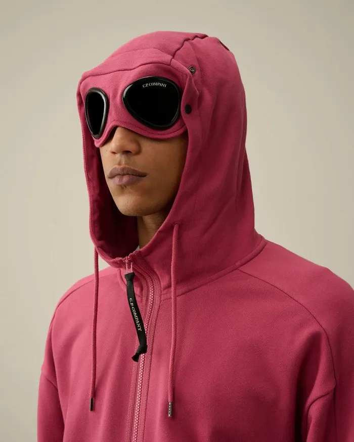 Man Diagonal Raised Fleece Goggle Zipped Hoodie Red Bud CP Company Sweatshirts