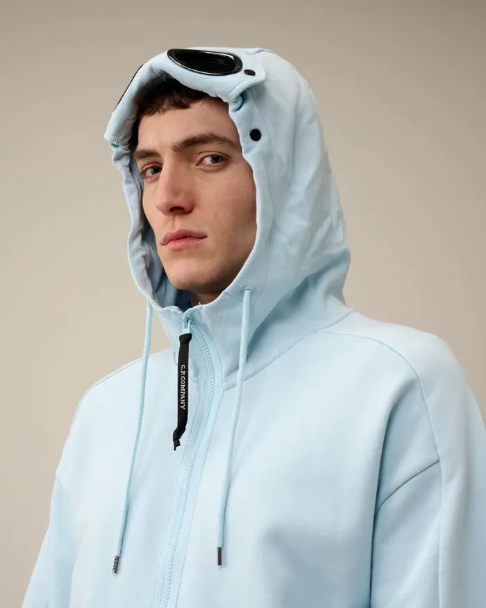 Man Diagonal Raised Fleece Goggle Zipped Hoodie Starlight Blue CP Company Sweatshirts
