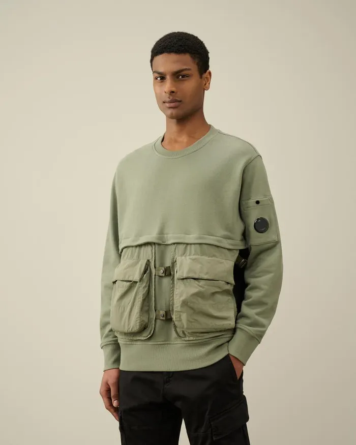 Man Diagonal Raised Fleece Mixed Detachable Sweatshirt Agave Green CP Company Sweatshirts
