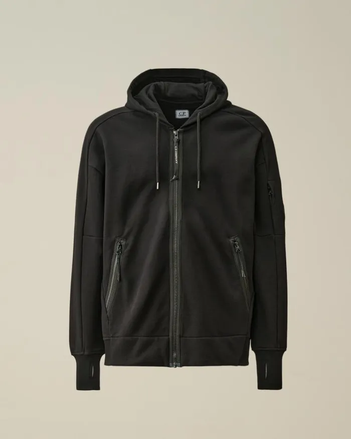 Man Diagonal Raised Fleece Zipped Hoodie Black CP Company Sweatshirts