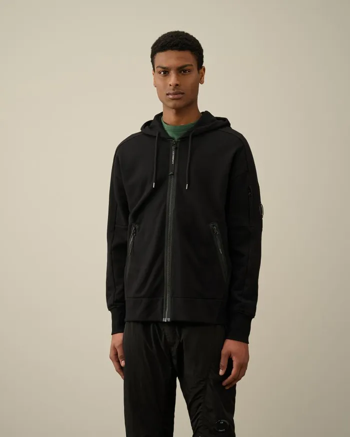 Man Diagonal Raised Fleece Zipped Hoodie Black CP Company Sweatshirts