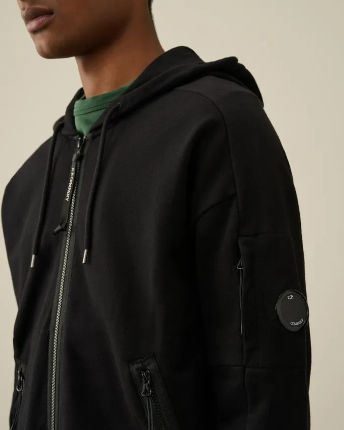 Man Diagonal Raised Fleece Zipped Hoodie Black CP Company Sweatshirts