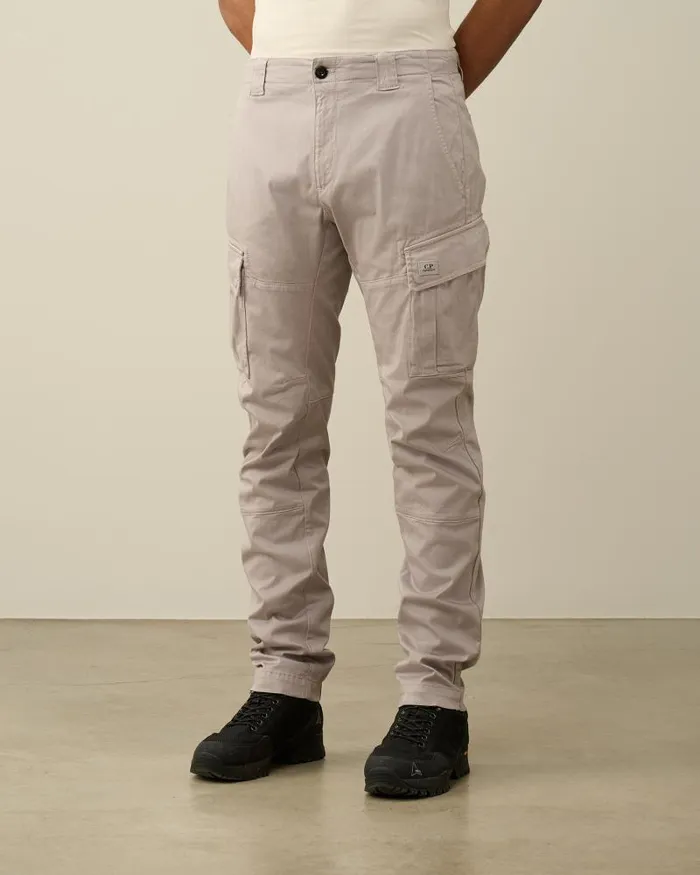 Man Stretch Sateen Ergonomic Logo Cargo Pants Drizzle Grey CP Company Trousers