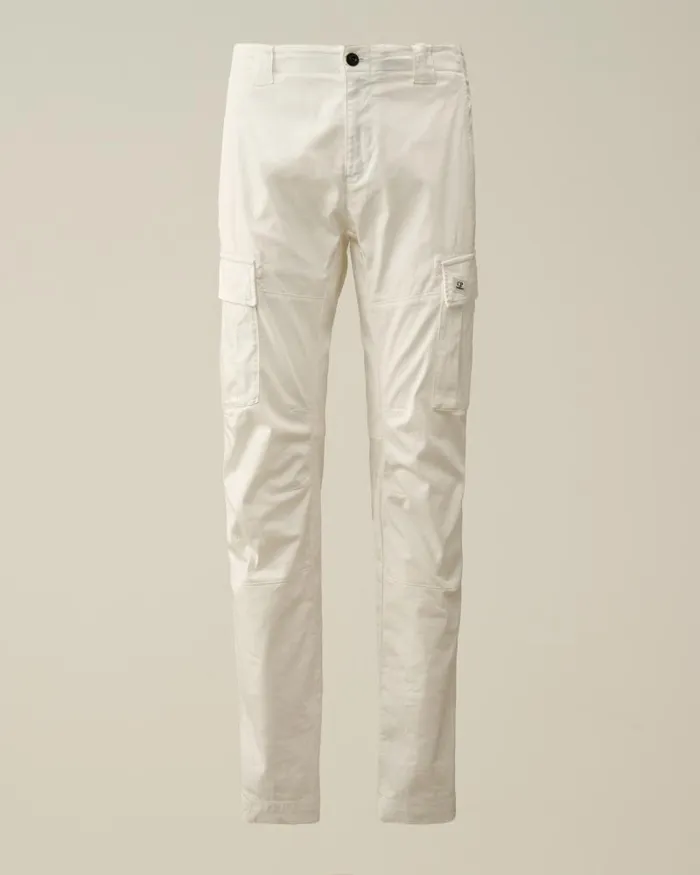 Man Stretch Sateen Ergonomic Logo Cargo Pants Gauze White CP Company Trousers